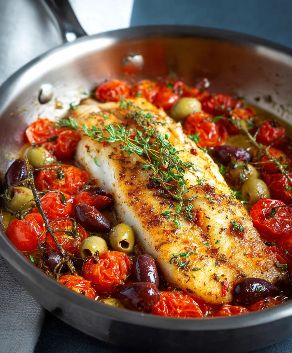 Easy Baked Fish Cherry Tomatoes Olives Recipe