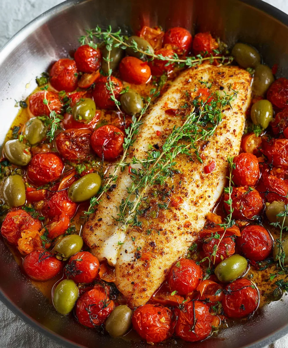 Easy Baked Fish Cherry Tomatoes Olives Recipe