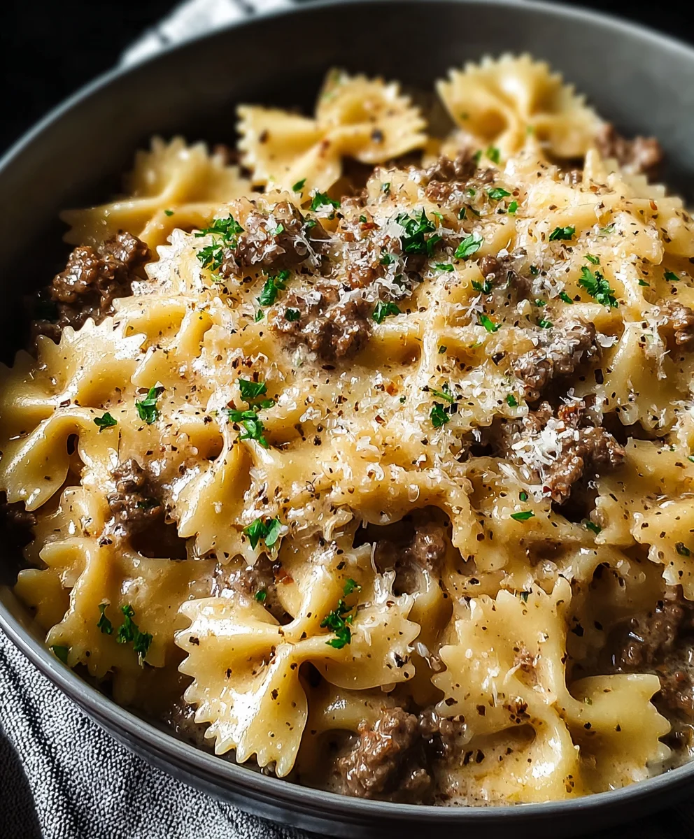 Creamy Parmesan Garlic Beef Bowtie Pasta Recipe