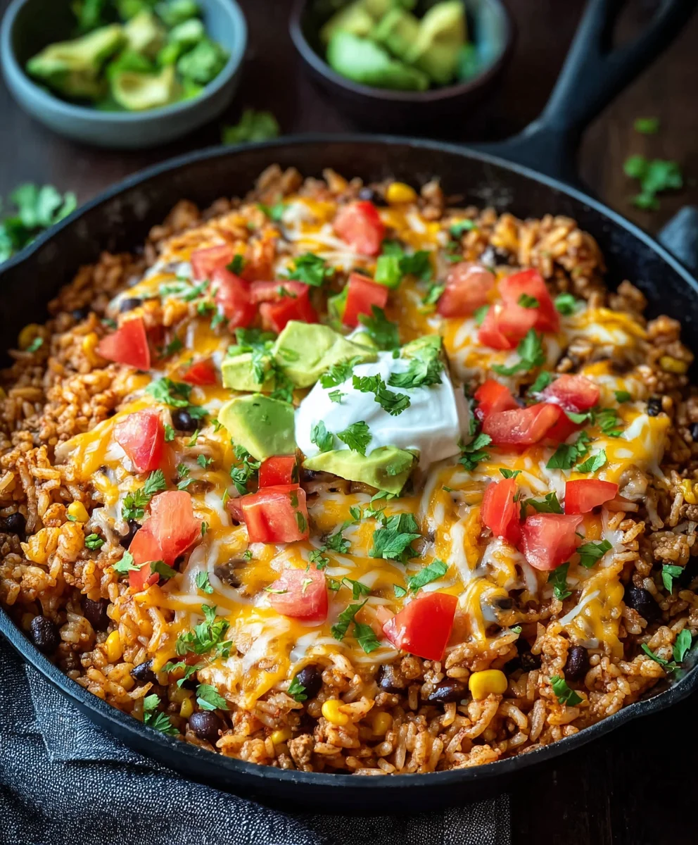 Cheesy Beef Taco Rice Skillet-Easy One Pan Dinner