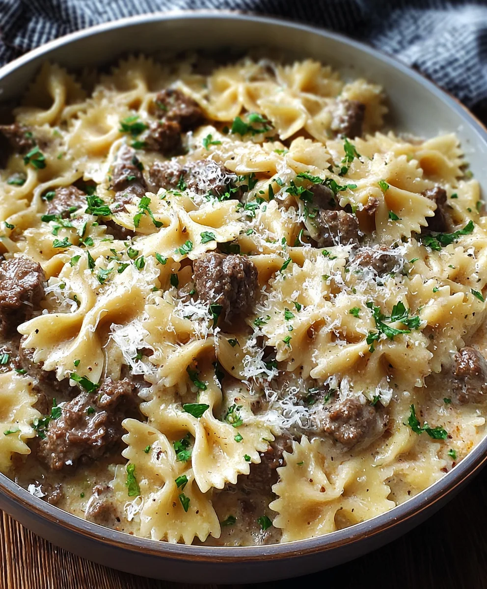 Creamy Parmesan Garlic Beef Bowtie Pasta Recipe